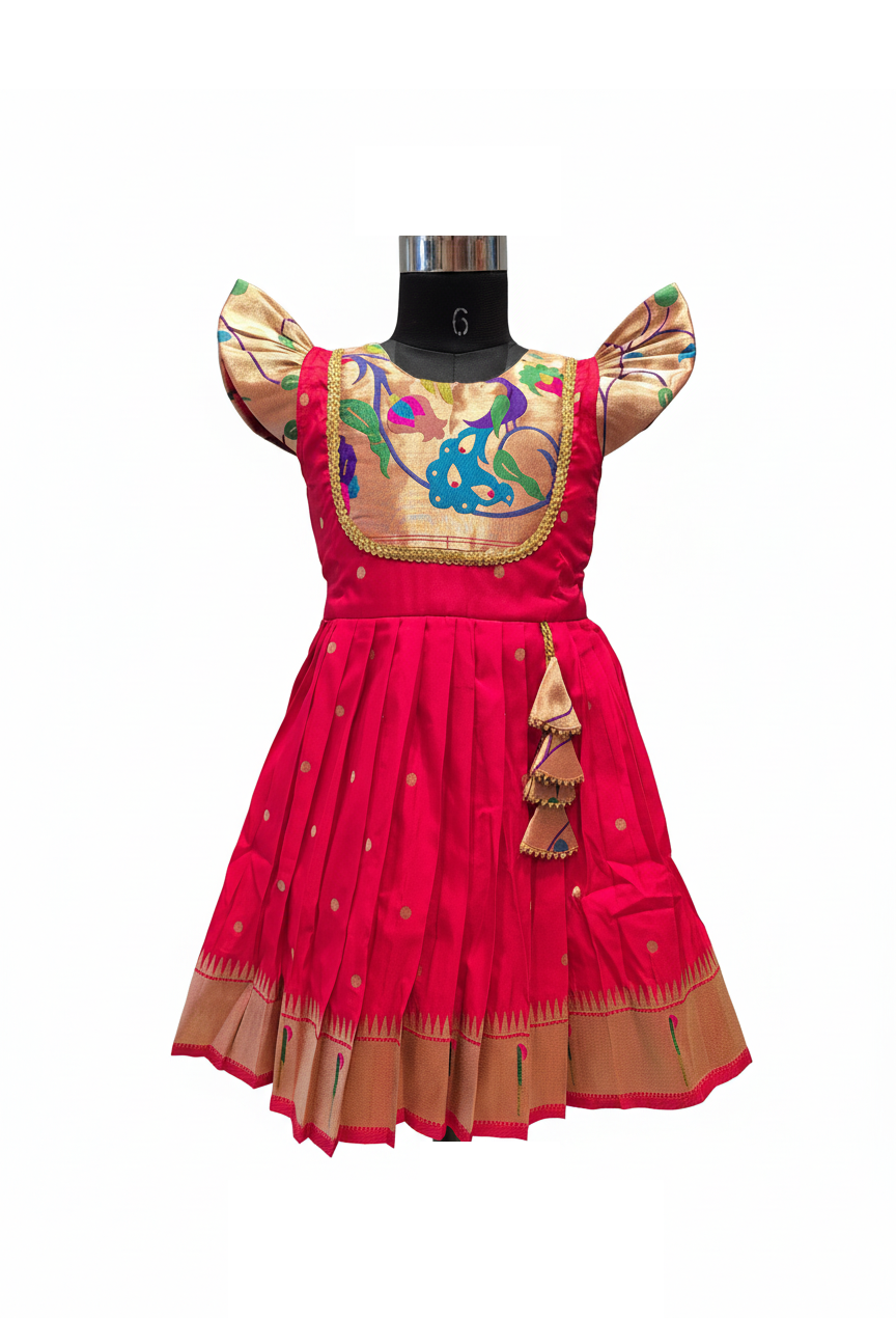 Vibrant Pink Paithani-Style Frock for Girls | Festive Ethnic Wear