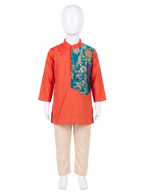 Boys traditional orange silk kurta pyjama set with teal brocade panel - House of Kritee