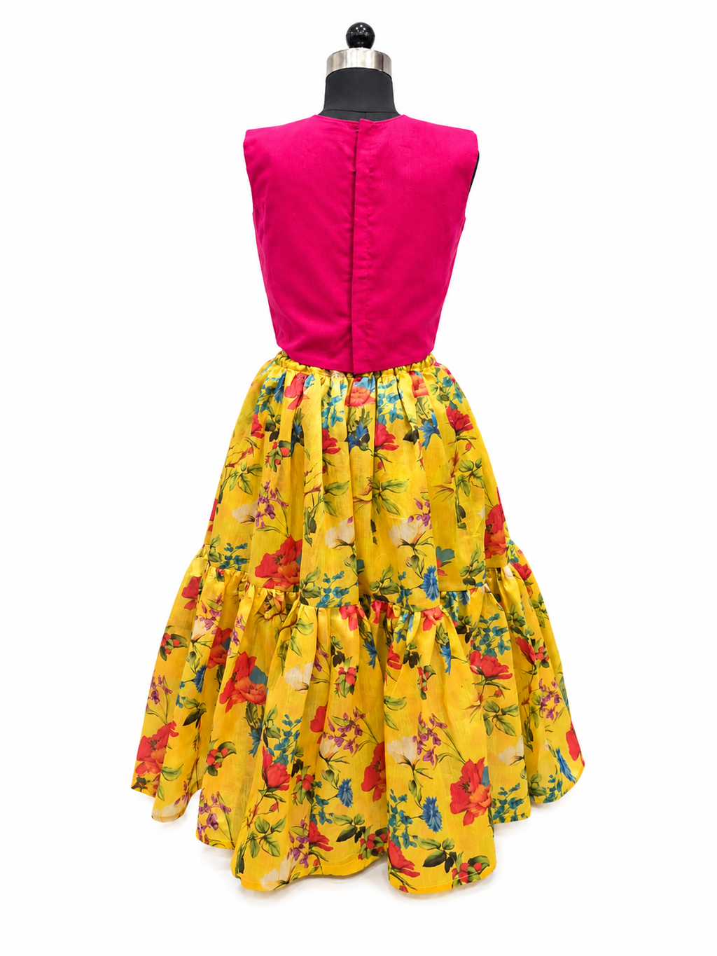 Traditional pink and yellow silk skirt top dress for girls with elephant motif and tassels - House of Kritee