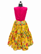 Traditional pink and yellow silk skirt top dress for girls with elephant motif and tassels - House of Kritee