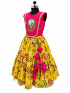Traditional pink and yellow silk skirt top dress for girls with elephant motif and tassels - House of Kritee