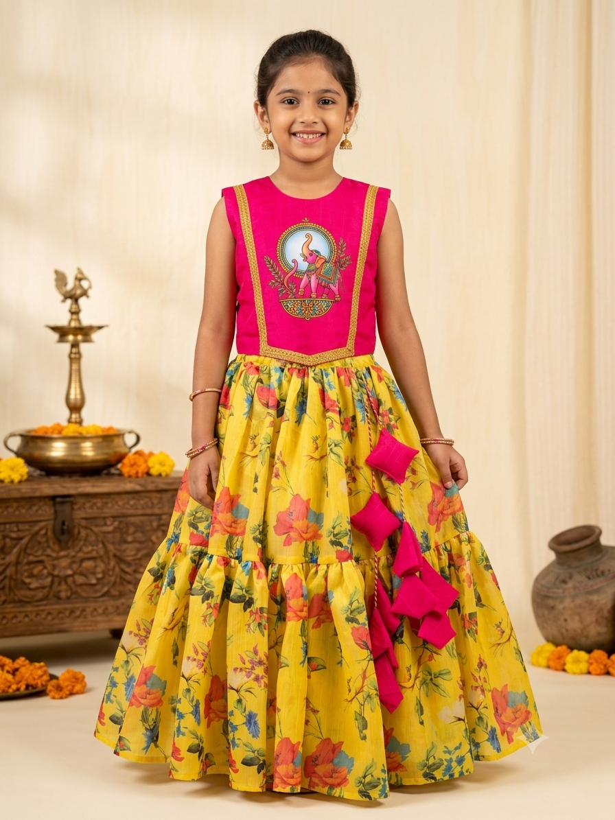 Traditional pink and yellow silk skirt top dress for girls with elephant motif and tassels - House of Kritee