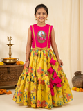 Traditional pink and yellow silk skirt top dress for girls with elephant motif and tassels - House of Kritee