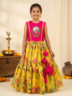 Traditional pink and yellow silk skirt top dress for girls with elephant motif and tassels - House of Kritee