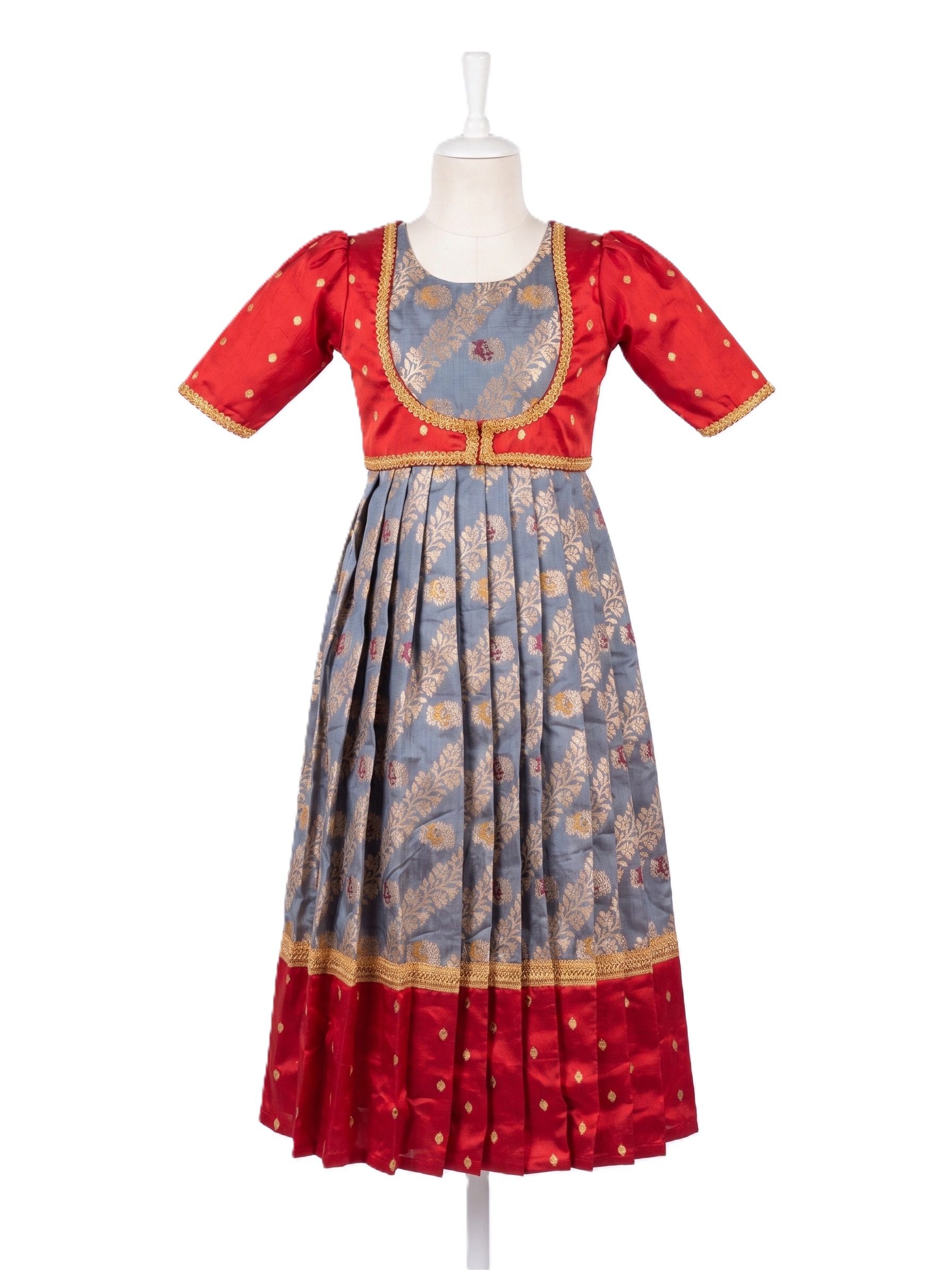 Traditional grey and red silk one piece dress for girls with gold zari brocade work - House of Kritee