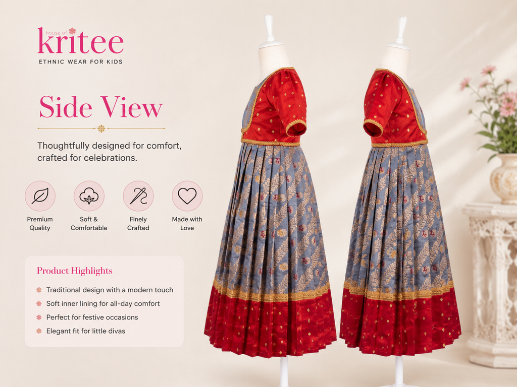 Traditional grey and red silk one piece dress for girls with gold zari brocade work - House of Kritee