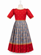 Traditional grey and red silk one piece dress for girls with gold zari brocade work - House of Kritee