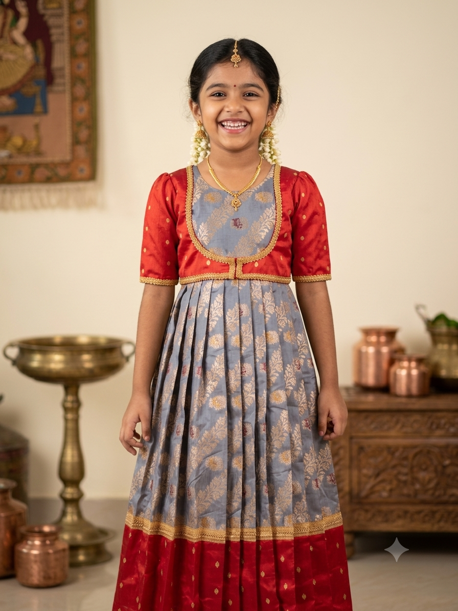 Traditional grey and red silk one piece dress for girls with gold zari brocade work - House of Kritee