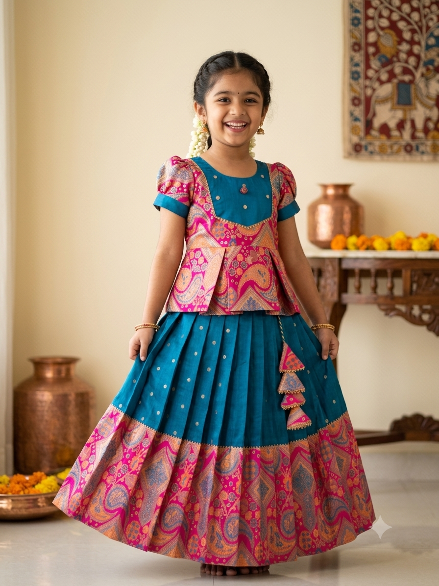 Traditional blue and pink silk parkar polka dress for girls with brocade work - House of Kritee