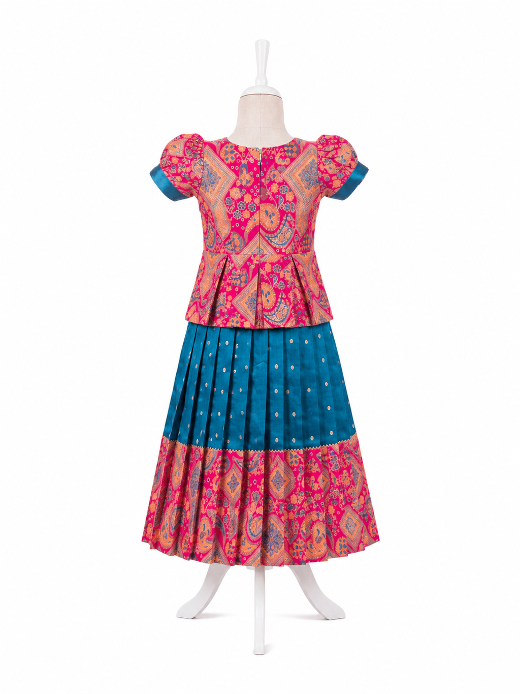 Traditional blue and pink silk parkar polka dress for girls with brocade work - House of Kritee