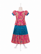 Traditional blue and pink silk parkar polka dress for girls with brocade work - House of Kritee