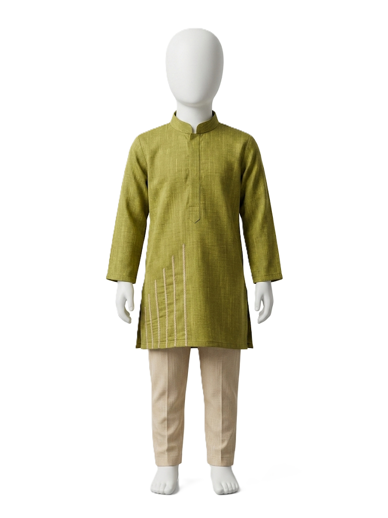 A children's kurta set displayed on a white mannequin, featuring an olive green long-sleeve tunic with vertical white stripe embroidery on the lower front, paired with beige trousers, against a plain white background. - House of Kritee
