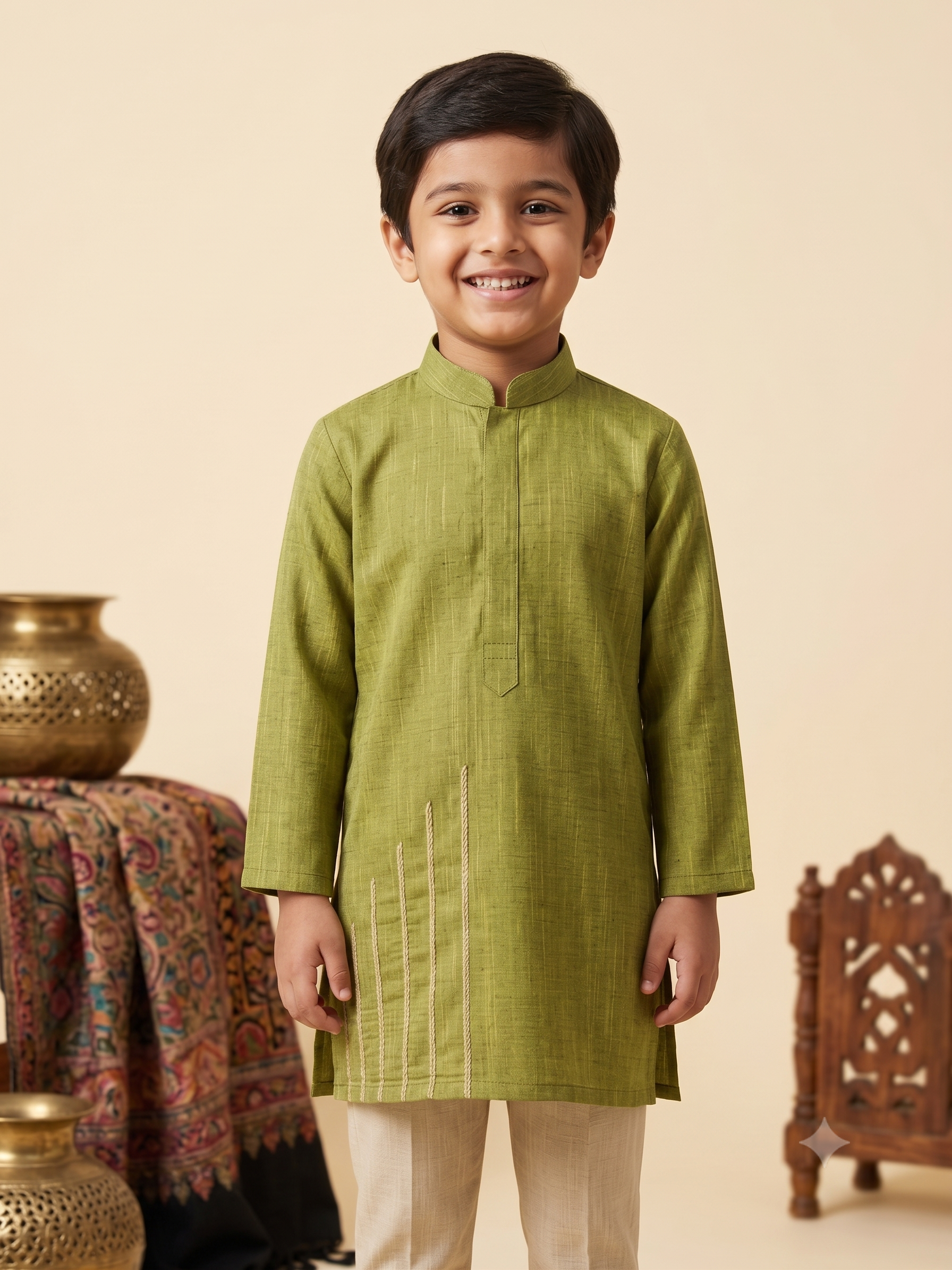 A happy Desi boy model wearing a premium olive green silk kurta paijama set against a warm cream background - House of Kritee