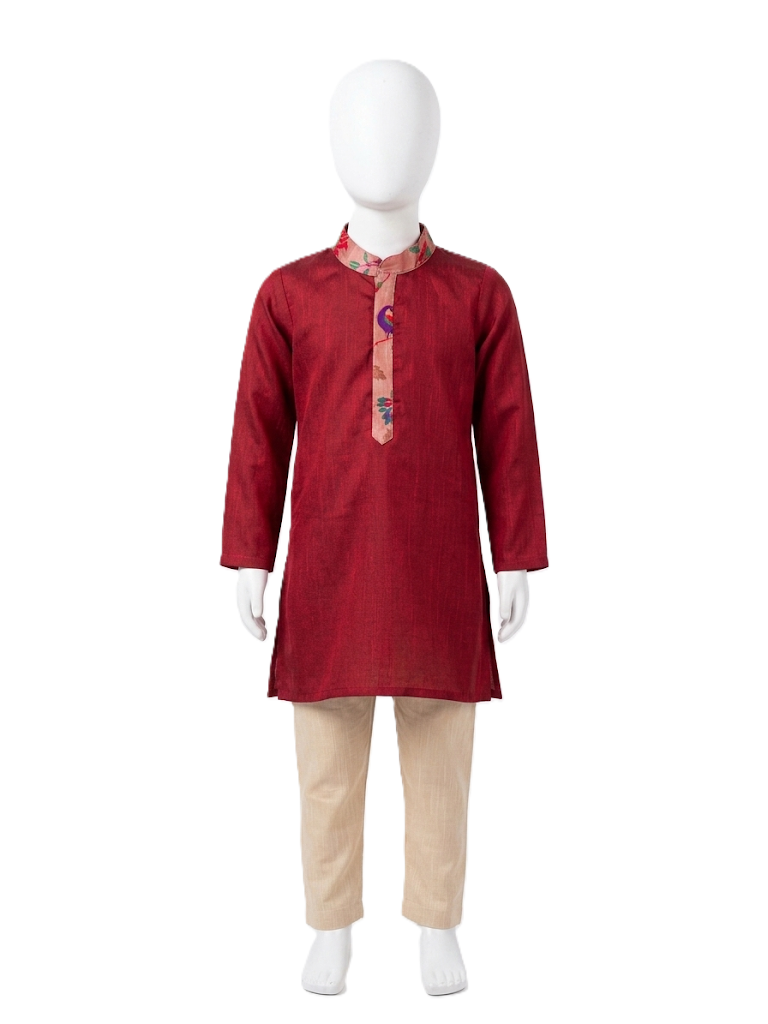 A red long-sleeve kurta displayed on a white mannequin with beige pants against a plain white background. - House of Kritee