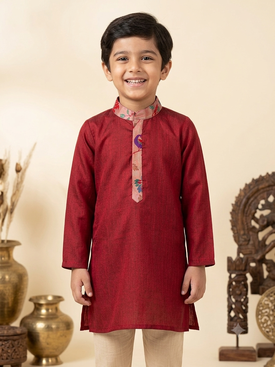 Young Desi boy model wearing festive maroon red silk kurta with printed placket and beige paijama - House of Kritee