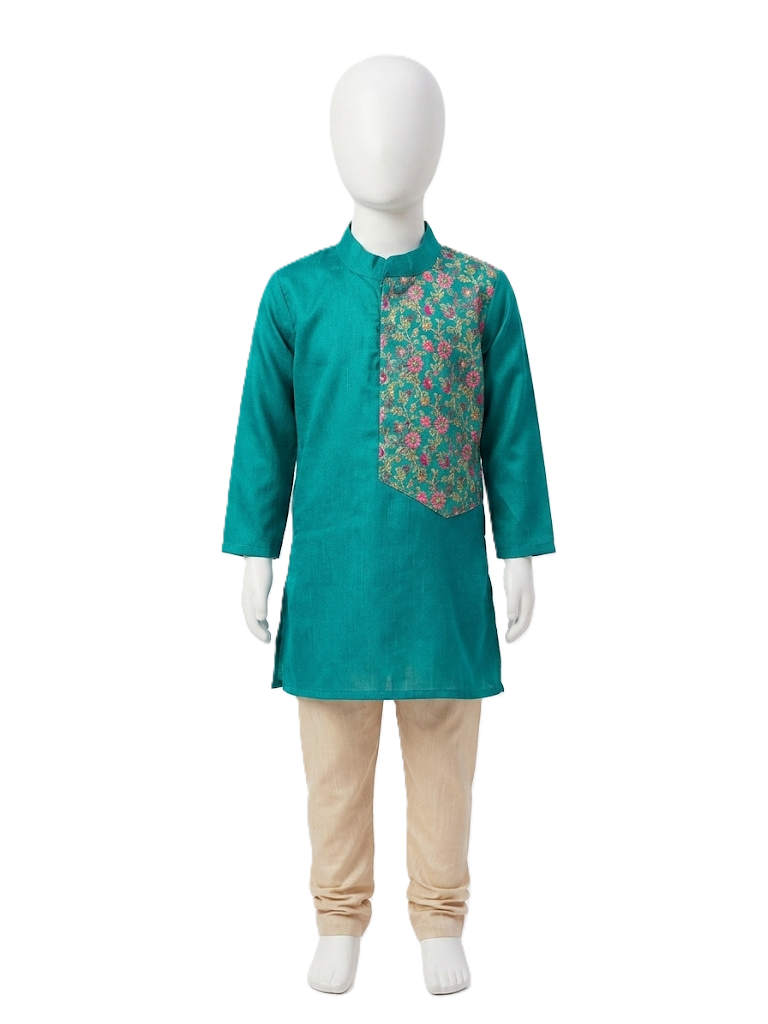 A children's kurta set displayed on a white mannequin, featuring a teal green long-sleeve top with a floral printed yoke panel and beige pants. - House of Kritee