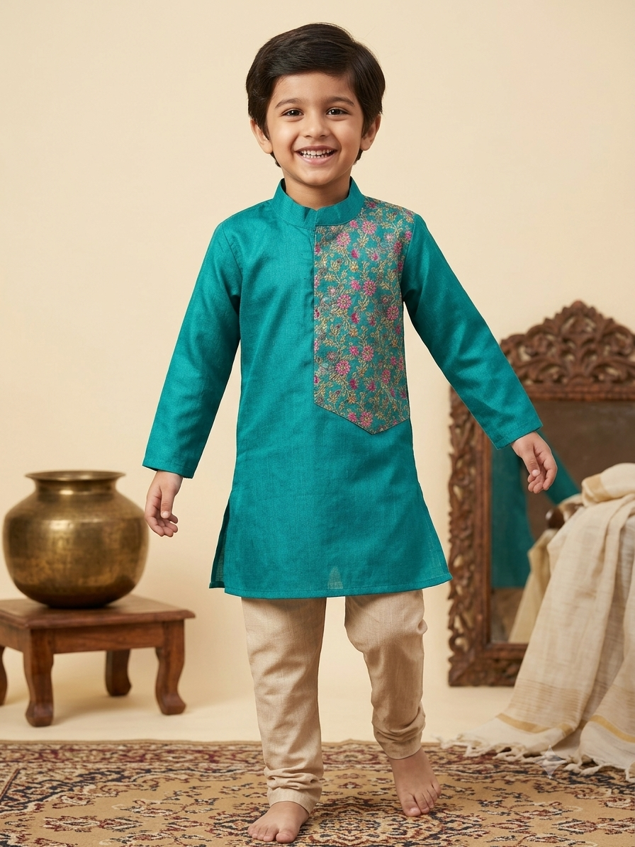 Happy Desi boy model wearing a teal silk embroidered kurta and beige paijama set - House of Kritee