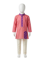 A children's kurta set displayed on a white mannequin, featuring a pink long-sleeve kurta with a purple patterned collar, placket, and pocket, paired with cream-colored trousers. - House of Kritee