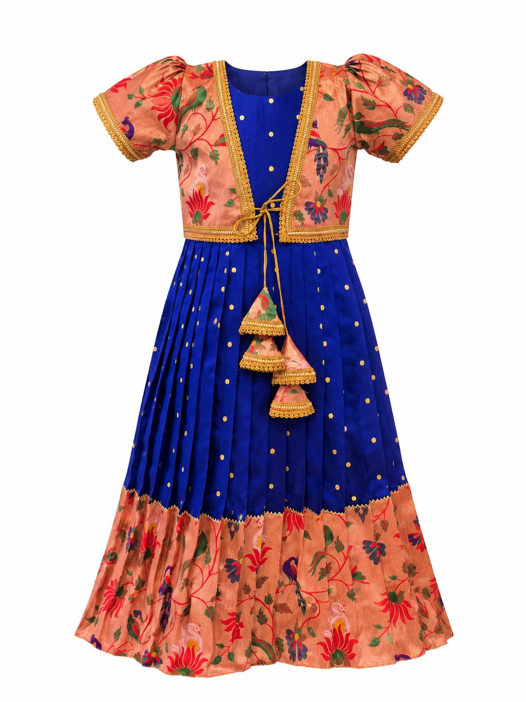 Happy Desi girl model wearing a royal blue silk one piece dress with peach floral jacket set - House of Kritee