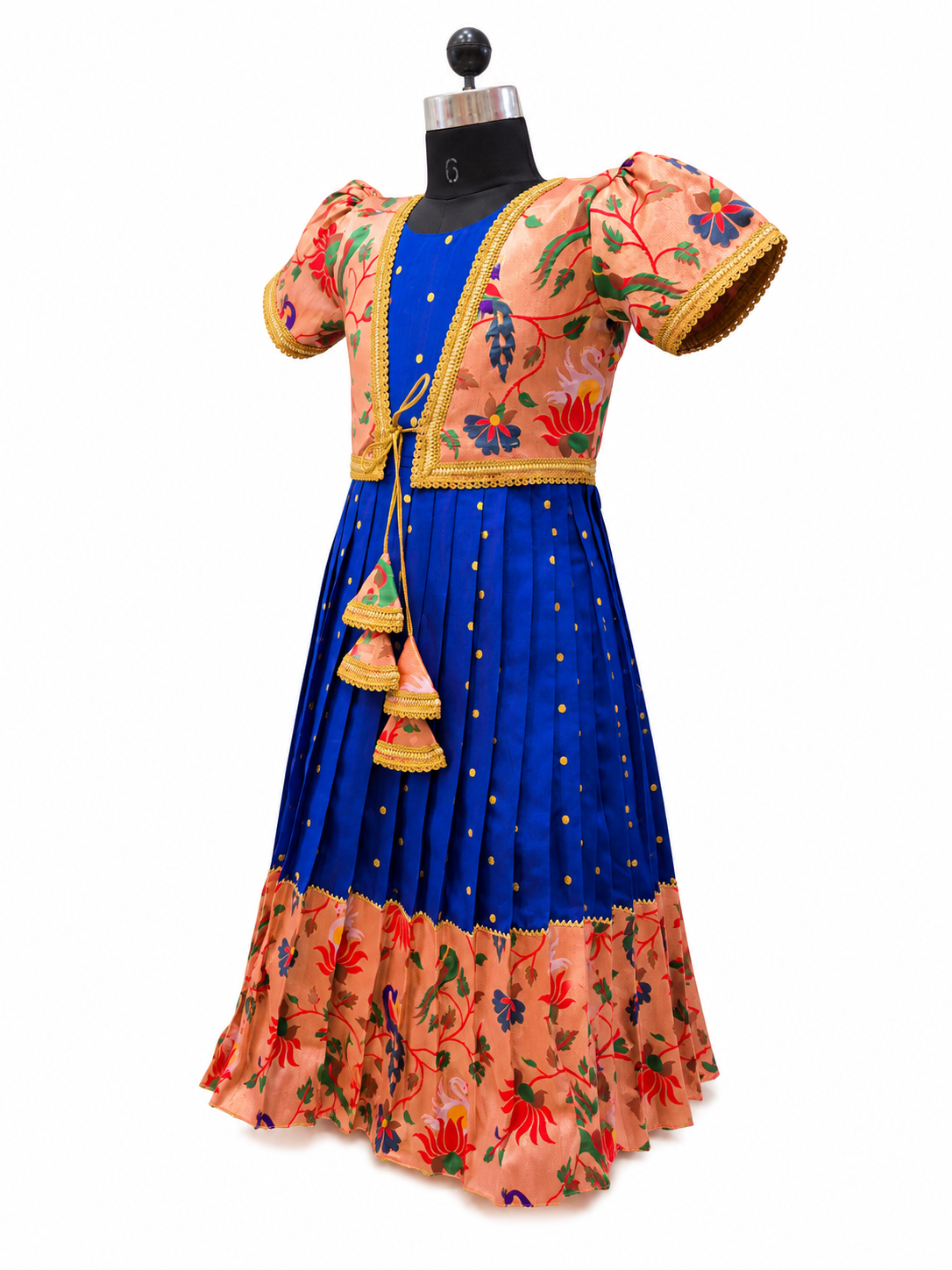 Happy Desi girl model wearing a royal blue silk one piece dress with peach floral jacket set - House of Kritee