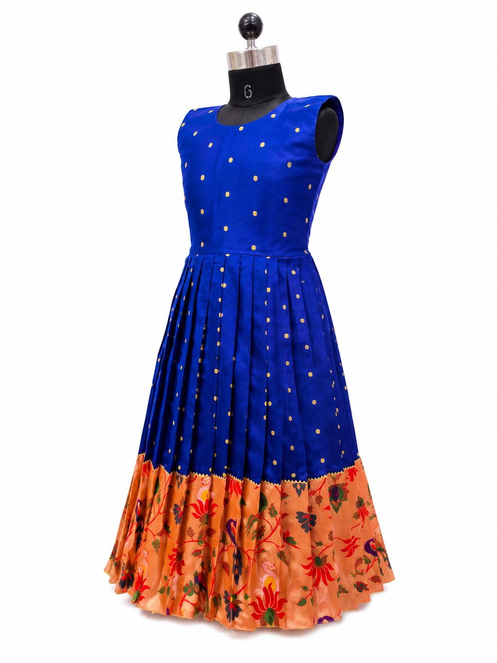 Happy Desi girl model wearing a royal blue silk one piece dress with peach floral jacket set - House of Kritee