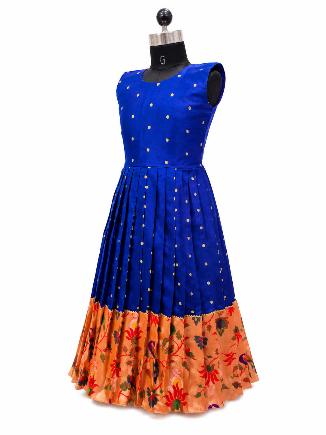 Happy Desi girl model wearing a royal blue silk one piece dress with peach floral jacket set - House of Kritee