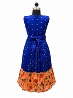 Happy Desi girl model wearing a royal blue silk one piece dress with peach floral jacket set - House of Kritee