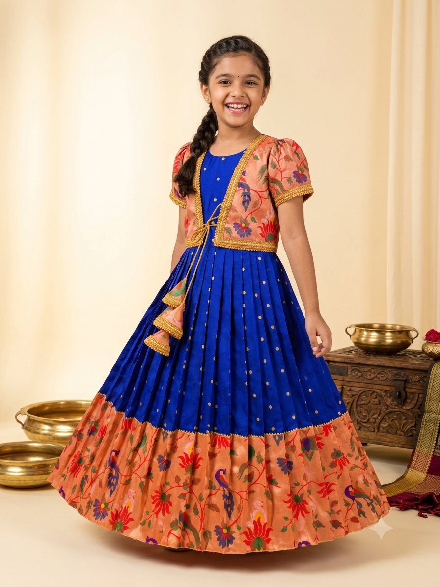 Happy Desi girl model wearing a royal blue silk one piece dress with peach floral jacket set - House of Kritee