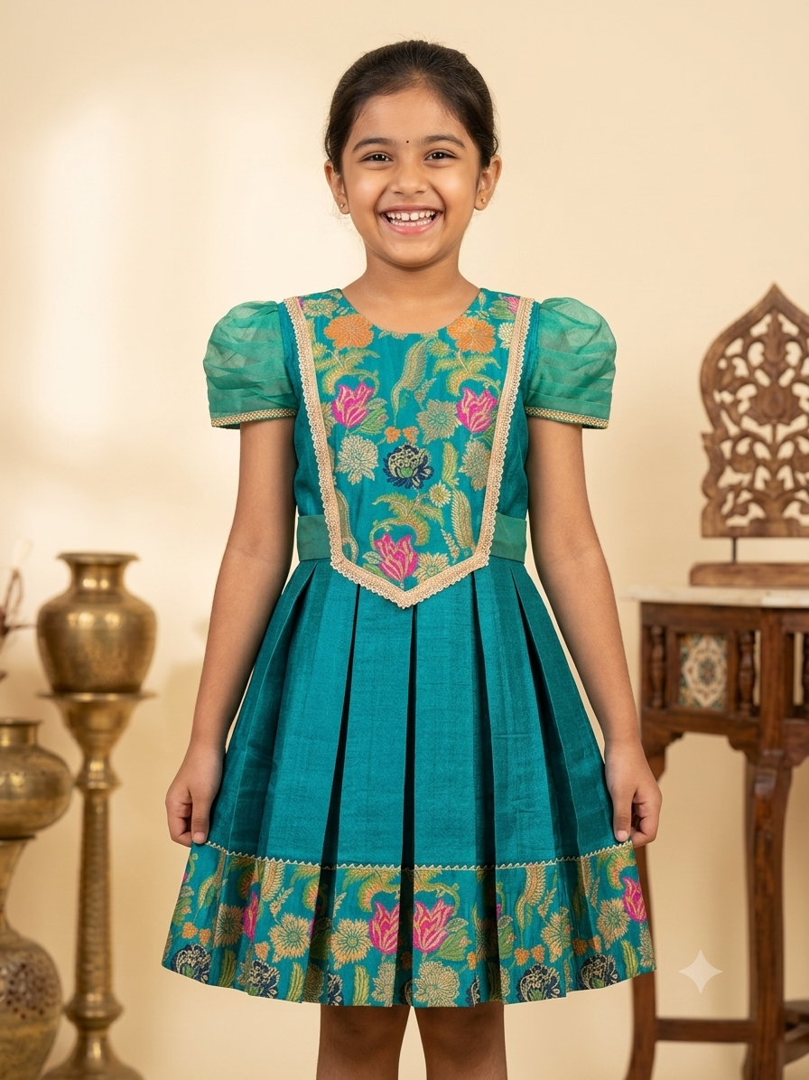 Happy Desi girl model wearing a teal blue silk knee length frock with floral jacquard bodice - House of Kritee