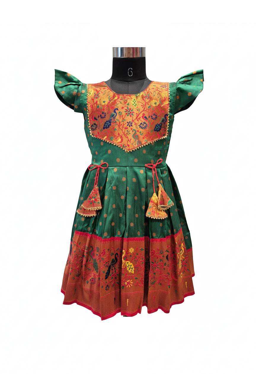 Royal Green Paithani Frock with Peacock Border | Indian Traditional Dress for Kids