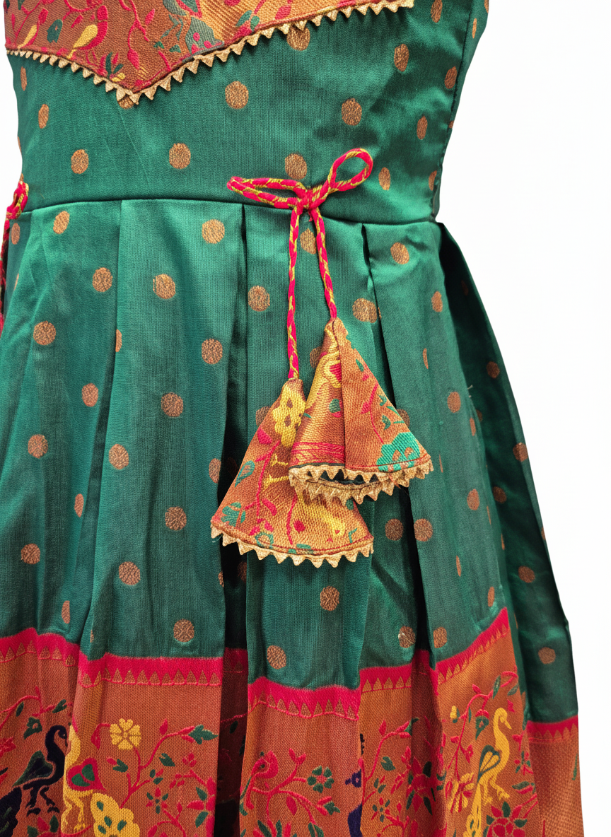 Royal Green Paithani Frock with Peacock Border | Indian Traditional Dress for Kids