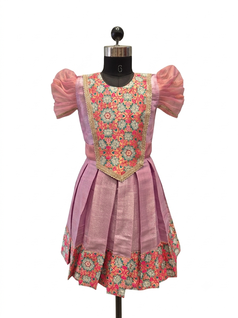 Happy Desi girl model wearing a soft lilac pink silk knee length frock with organza puff sleeves - House of Kritee