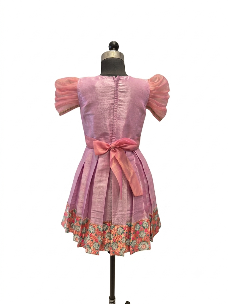 Happy Desi girl model wearing a soft lilac pink silk knee length frock with organza puff sleeves - House of Kritee