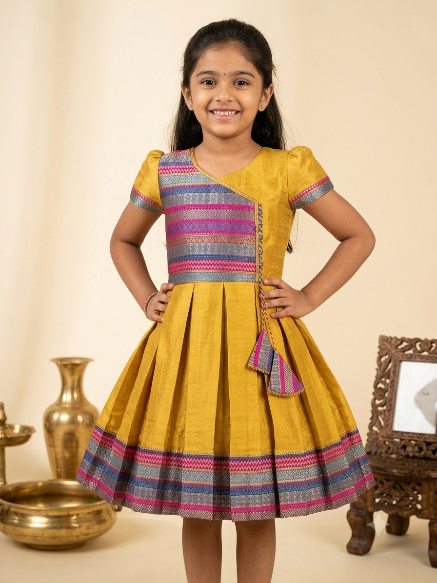 Happy Desi girl model wearing a yellow silk Angrakha knee length ethnic frock with geometric border - House of Kritee