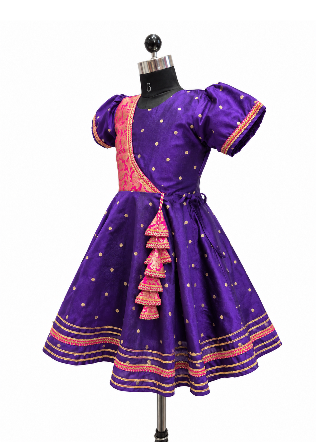 Girls royal purple and pink silk ethnic knee length frock with gold zari details and tassels - House of Kritee