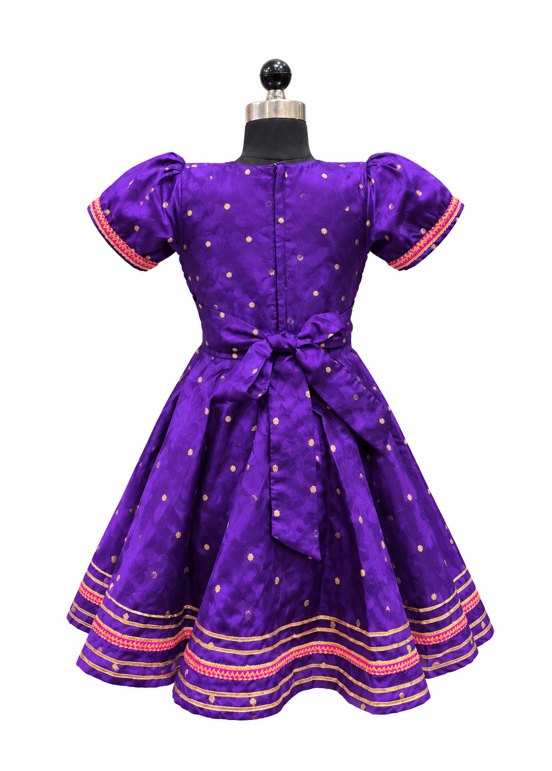 Girls royal purple and pink silk ethnic knee length frock with gold zari details and tassels - House of Kritee