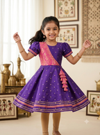 Girls royal purple and pink silk ethnic knee length frock with gold zari details and tassels - House of Kritee