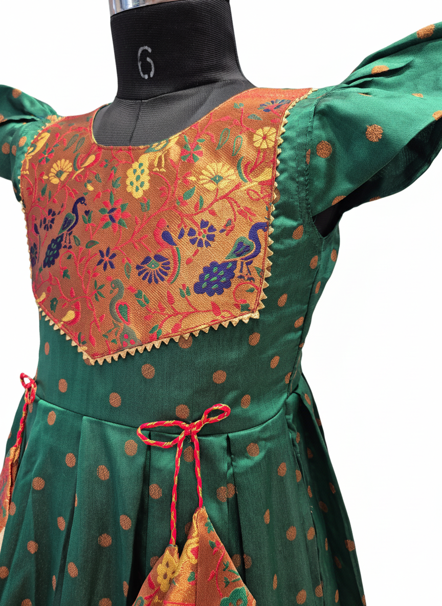 Royal Green Paithani Frock with Peacock Border | Indian Traditional Dress for Kids