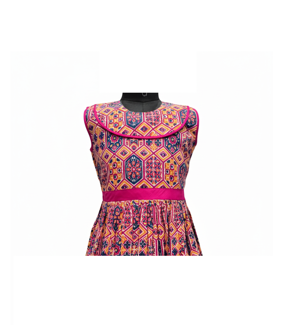 Vibrant Geometric Print Cotton Knee-Length Frock