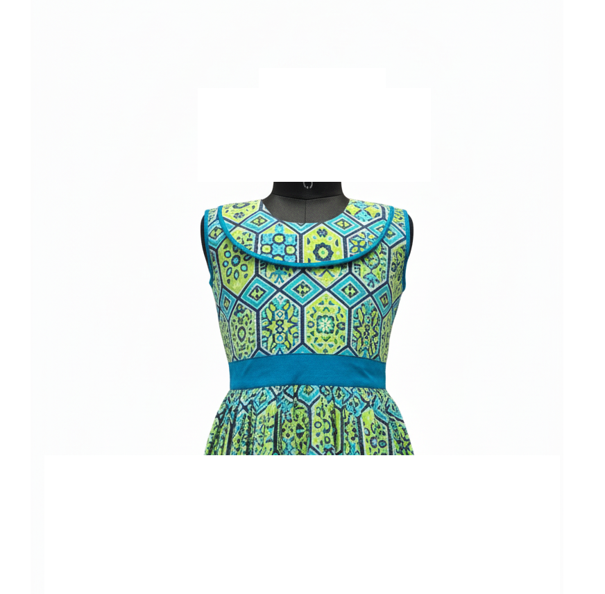 Vibrant Green Hexagon Pattern Cotton Knee Dress