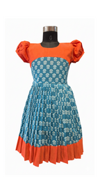 Vibrant Orange & Blue Pleated Cotton Frock with Contrast Yoke and Hem