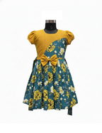Mustard & Teal Floral Cotton Frock with Puff Sleeves