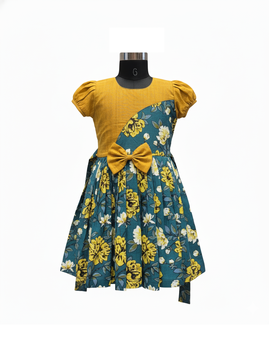 Mustard & Teal Floral Cotton Frock with Puff Sleeves