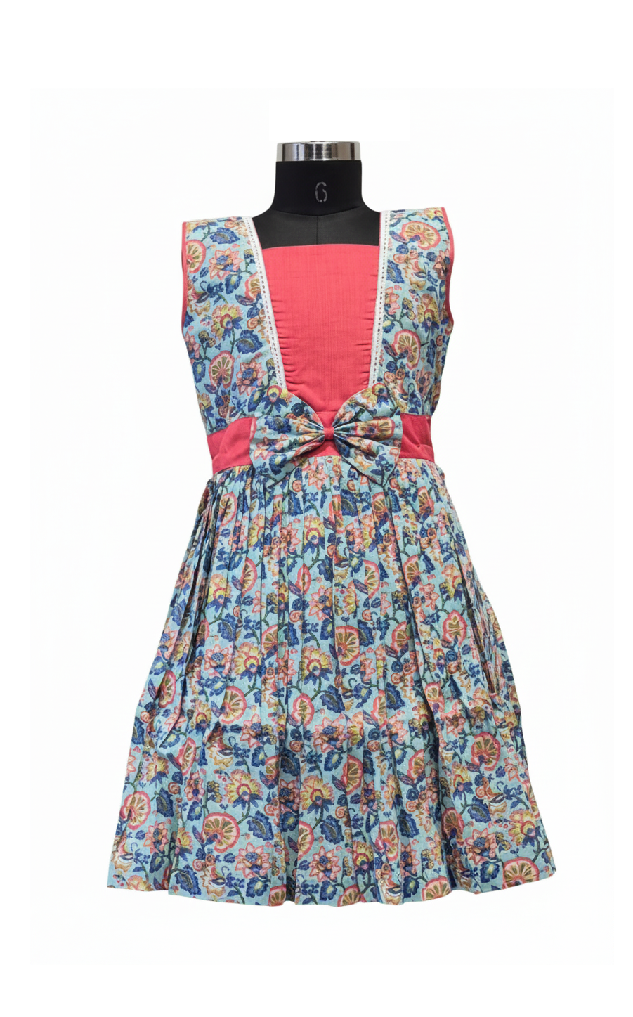Summer Blooms Cotton Dress with Center Bow and Pleated Skirt