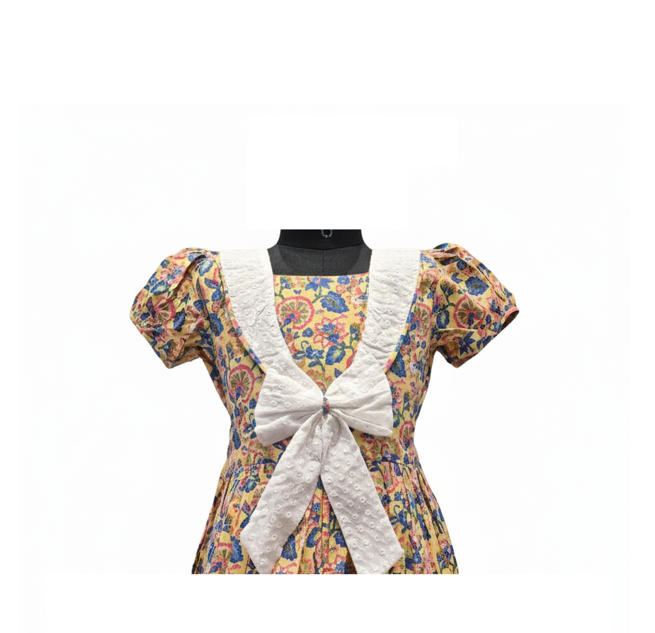 Yellow Floral Cotton Frock with White Sailor Collar and Bow