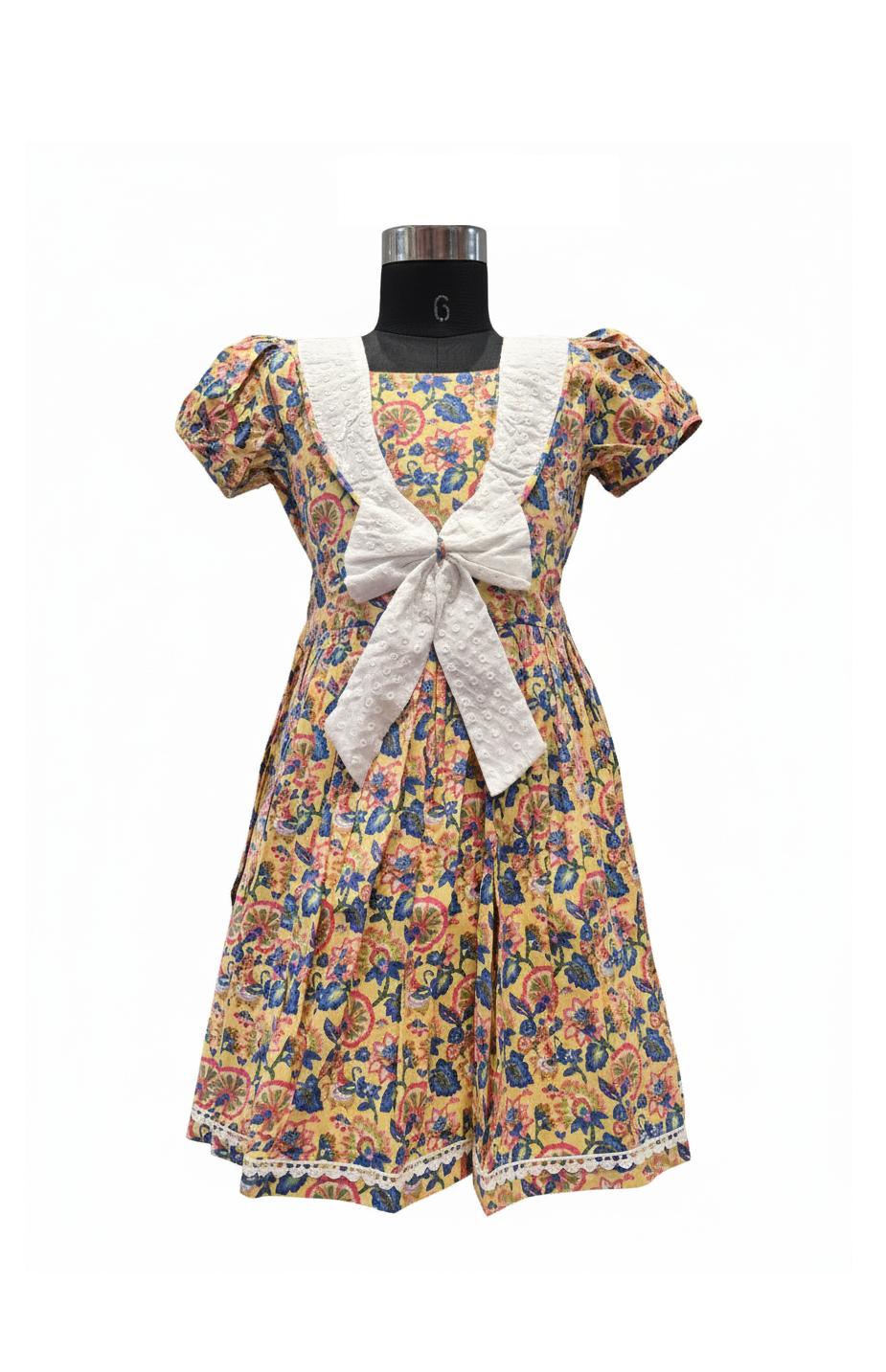 Yellow Floral Cotton Frock with White Sailor Collar and Bow