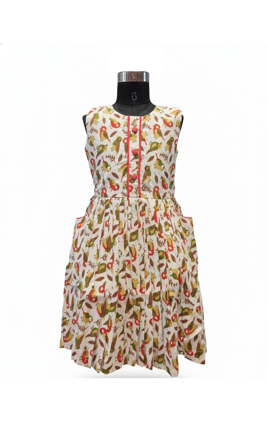 Cheerful Sleeveless Bird & Leaf Print Cotton Dress