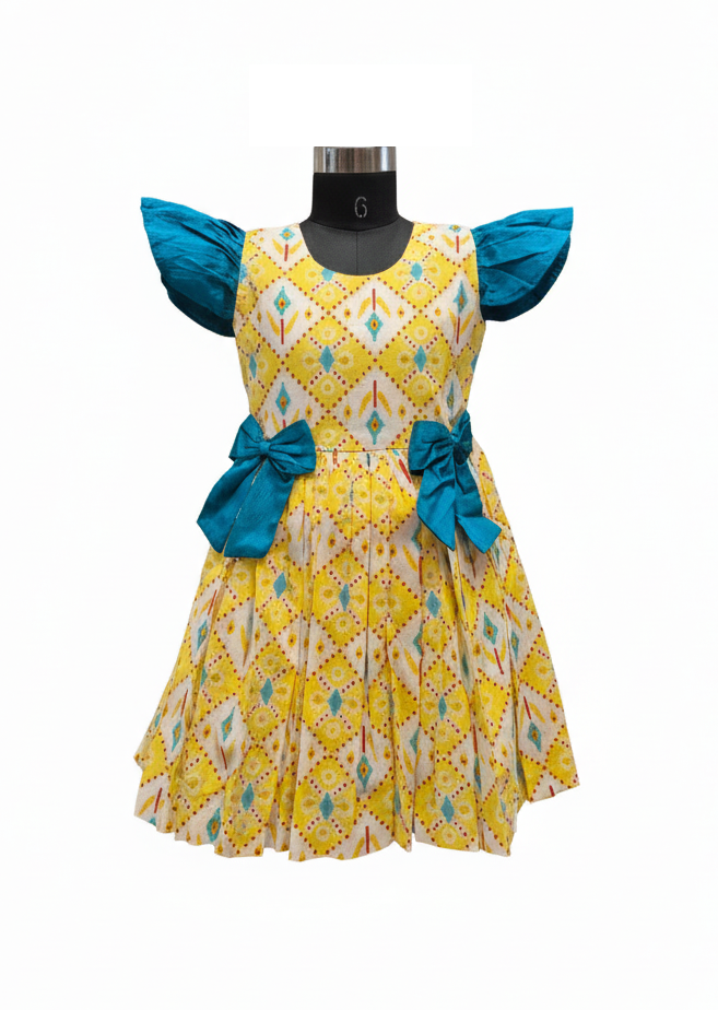 Sunshine Yellow Ikat Print Cotton Frock with Teal Butterfly Sleeves