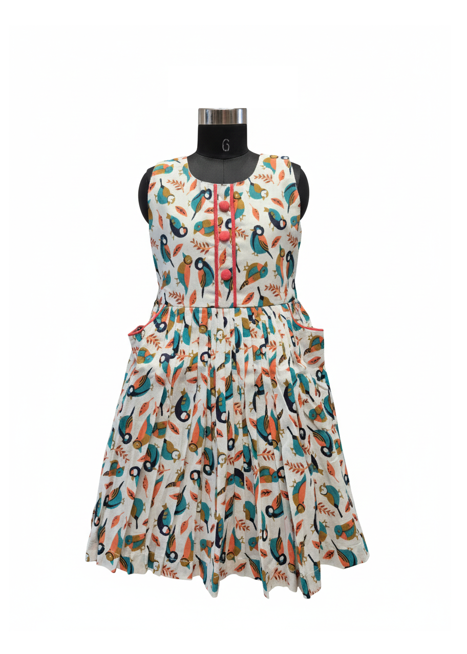 Charming Bird Print Cotton Frock with Pockets