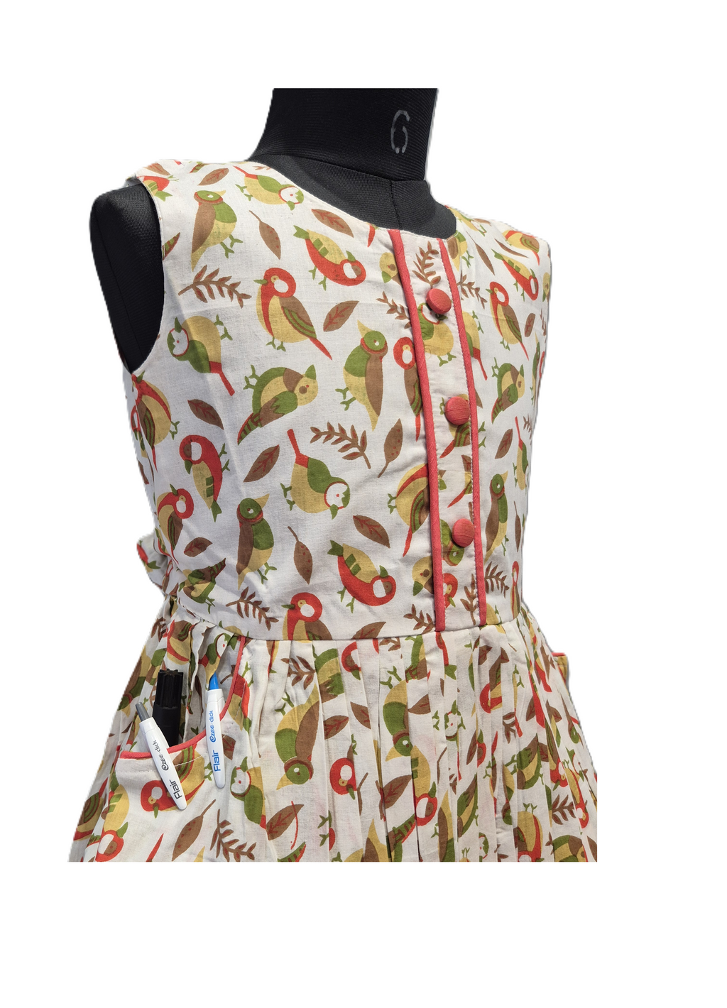 Cheerful Sleeveless Bird & Leaf Print Cotton Dress